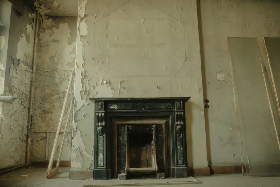 Explore a derelict room featuring a vintage fireplace and peeling wallpaper for an authentic retro atmosphere.
